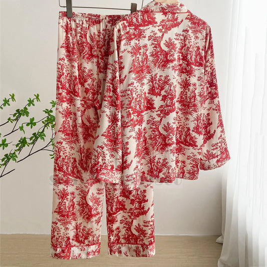 Conjunto de Pijama Floral - Set de 2 Piezas con Cuello Solapa y Pantalón Largo de Satén