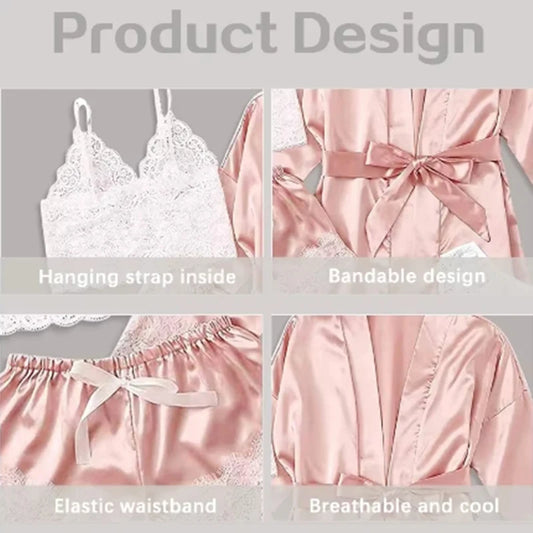 Conjunto de Pijama de 4 Piezas con Encaje - Set de Satén con Bata, Top Cuello V y Shorts