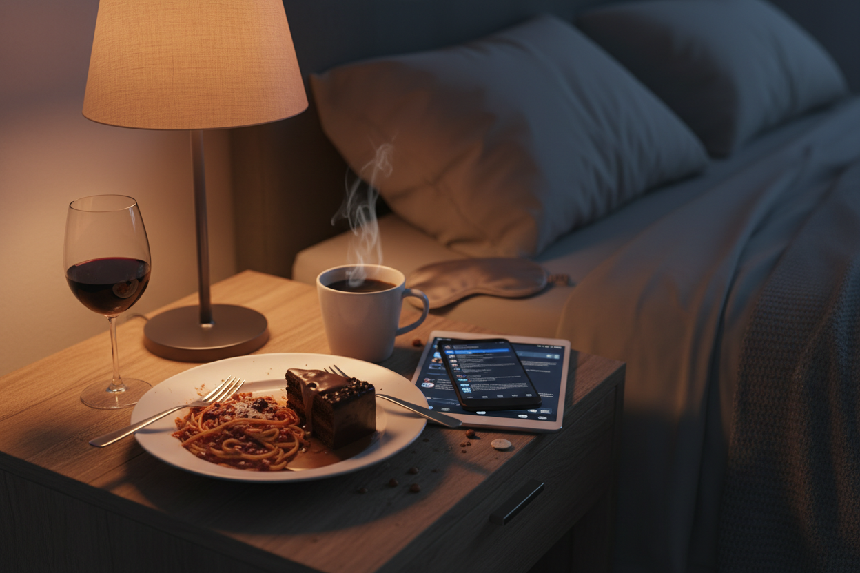 	2. Alimentación y hábitos que sabotean el descanso
Cenas pesadas, pantallas, cafeína y “copas para relajar” crean un entorno biológico que impide dormir bien.
