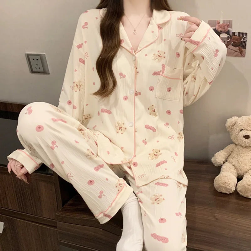 Conjunto de Pijama Estilo Cárdigan - Set de 2 Piezas con Cuello Solapa y Pantalón Largo