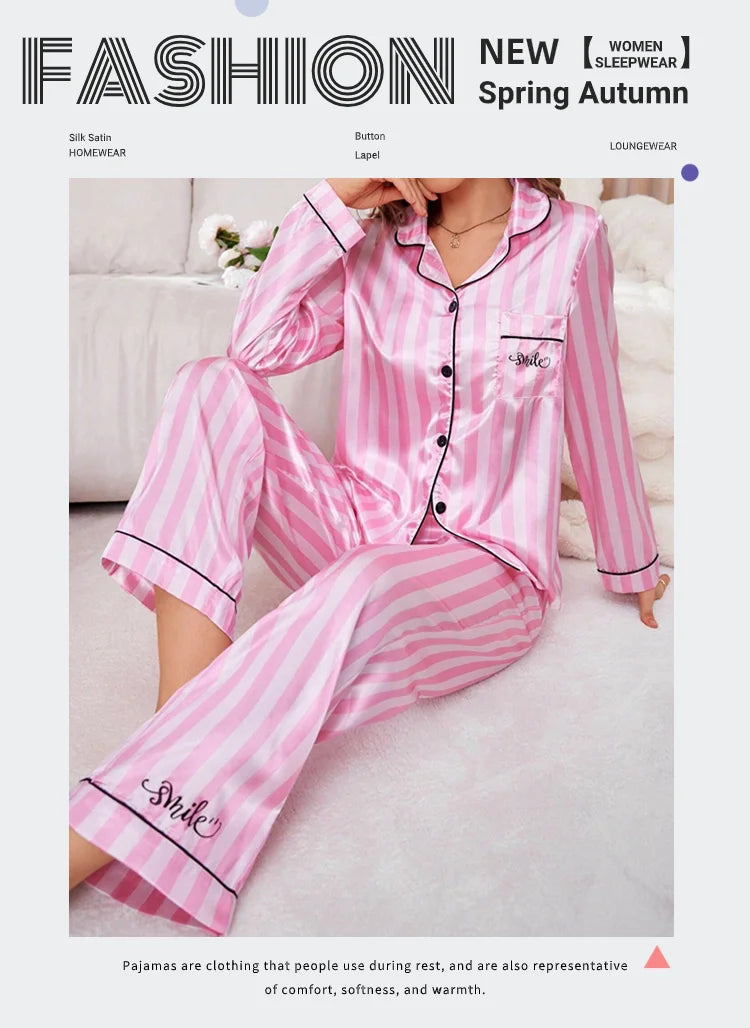 Conjunto de Pijama de Satén a Rayas - Set con Botones, Cuello Solapa y Pantalón Largo