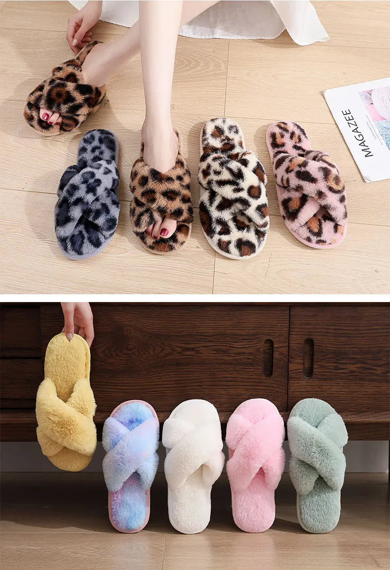 Pantuflas Fuzzy con Estampado Leopardo - Zapatillas Peludas Cálidas Antideslizantes para Casa