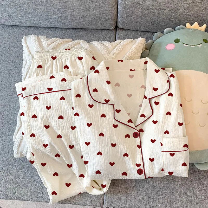Conjunto de Pijama Estilo Cárdigan - Set de 2 Piezas con Cuello Solapa y Pantalón Largo