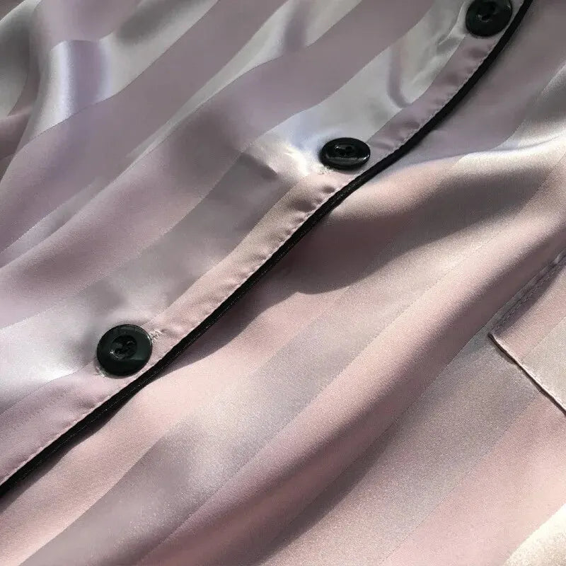 Conjunto de Pijama a Rayas con Cuello Solapa - Set de Camisa Manga Corta y Pantalón Largo Elegante