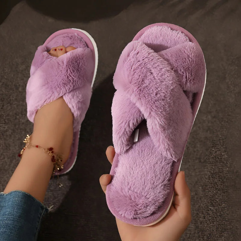 Pantuflas de Pelaje Sintético con Correas Cruzadas - Sandalias de Felpa Cálidas para Casa