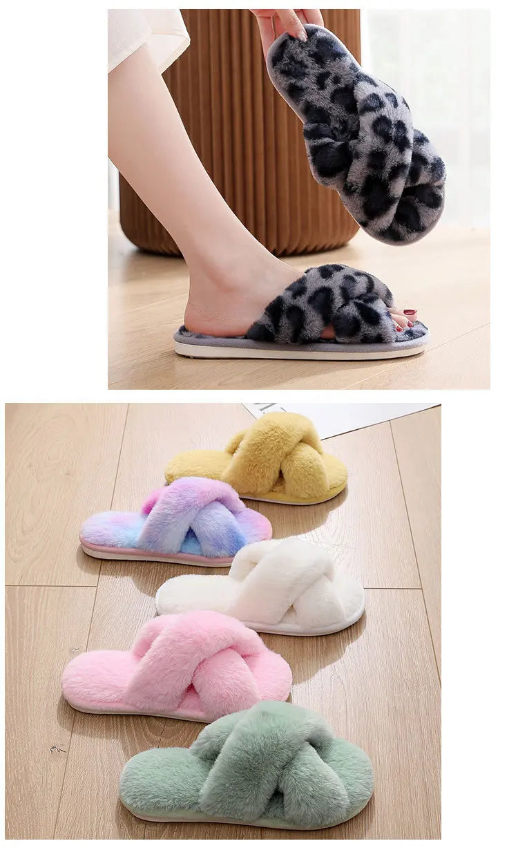 Pantuflas Fuzzy con Estampado Leopardo - Zapatillas Peludas Cálidas Antideslizantes para Casa