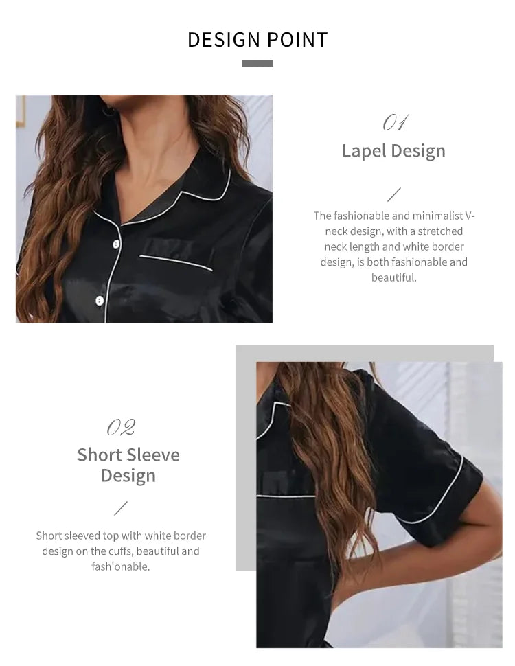 Conjunto de Pijama de Satén - Set de 2 Piezas con Botones, Top Manga Corta y Shorts