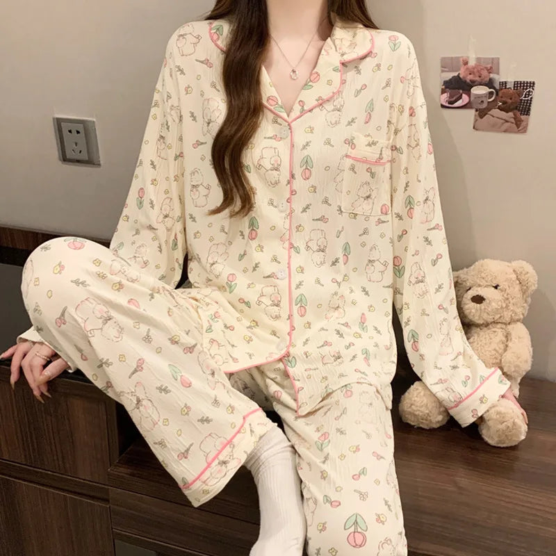Conjunto de Pijama Estilo Cárdigan - Set de 2 Piezas con Cuello Solapa y Pantalón Largo