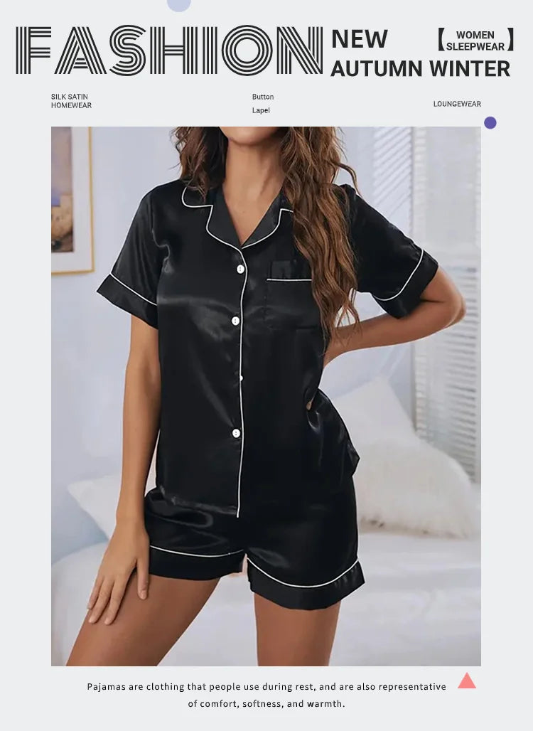 Conjunto de Pijama de Satén - Set de 2 Piezas con Botones, Top Manga Corta y Shorts