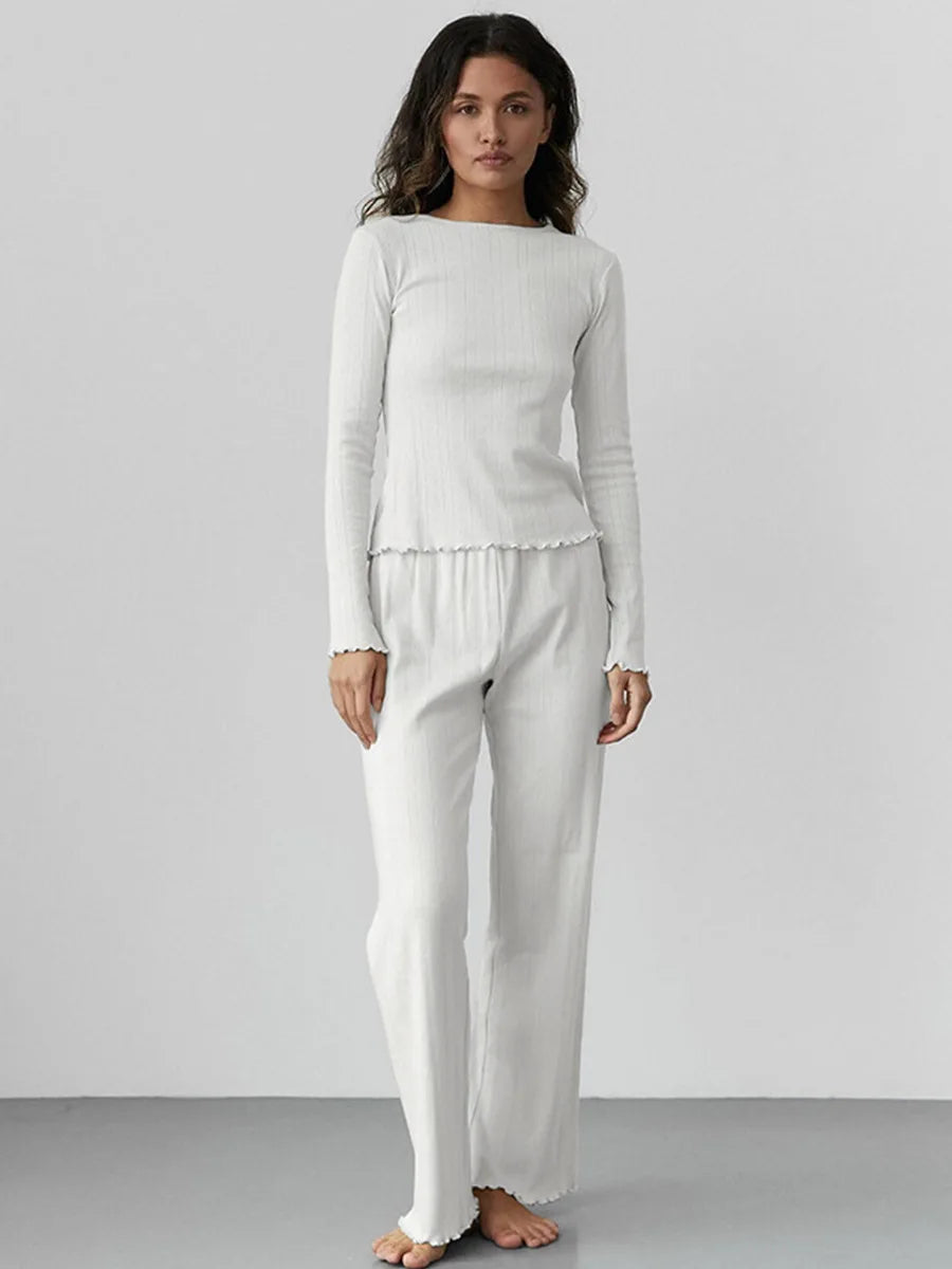 Conjunto de Pijama de Algodón con Diseño Jacquard - Set de Manga Larga y Pantalón Largo