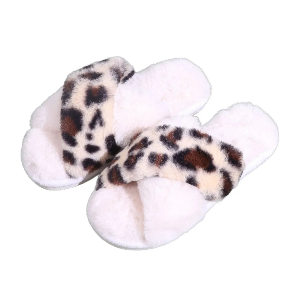 Pantuflas Fuzzy con Estampado Leopardo - Zapatillas Peludas Cálidas Antideslizantes para Casa