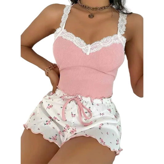 Conjunto de Pijama con Encaje - Camisola Sin Mangas y Shorts de 2 Piezas