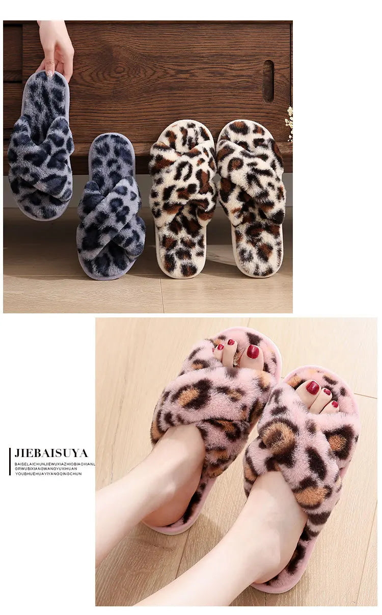 Pantuflas Fuzzy con Estampado Leopardo - Zapatillas Peludas Cálidas Antideslizantes para Casa
