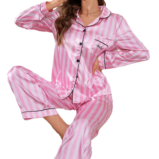 Conjunto de Pijama de Satén a Rayas - Set con Botones, Cuello Solapa y Pantalón Largo