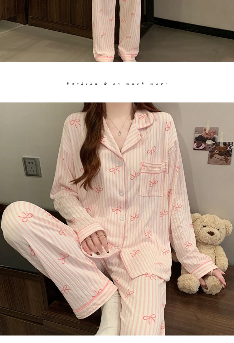 Pijama Rosa con Lazo - Conjunto de Manga Larga y Pantalón Largo
