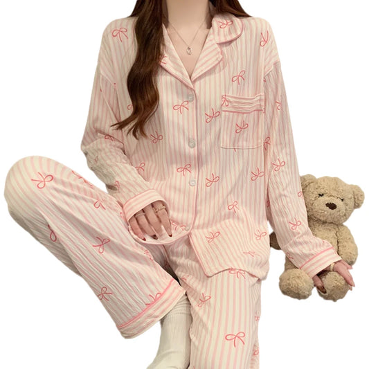 Pijama Rosa con Lazo - Conjunto de Manga Larga y Pantalón Largo