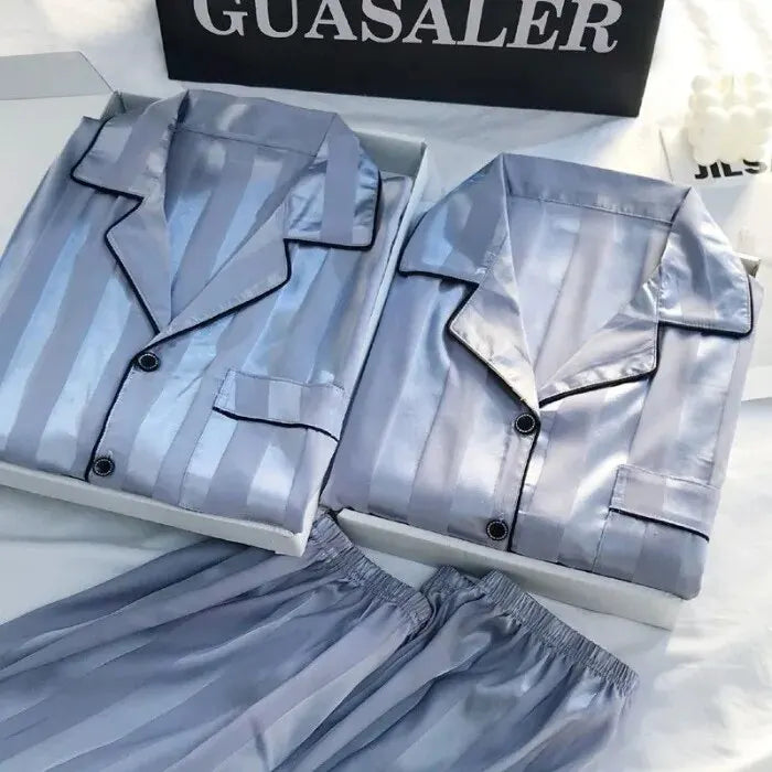 Conjunto de Pijama a Rayas con Cuello Solapa - Set de Camisa Manga Corta y Pantalón Largo Elegante