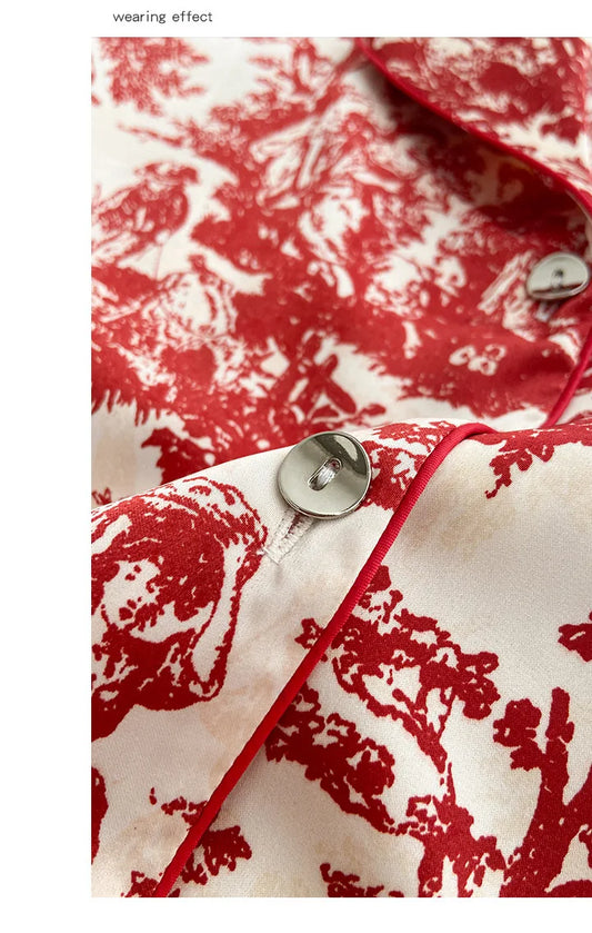 Conjunto de Pijama Floral - Set de 2 Piezas con Cuello Solapa y Pantalón Largo de Satén