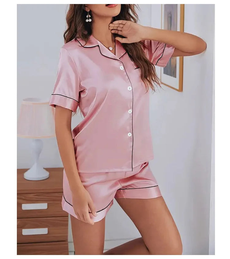 Conjunto de Pijama de Satén - Set de 2 Piezas con Botones, Top Manga Corta y Shorts