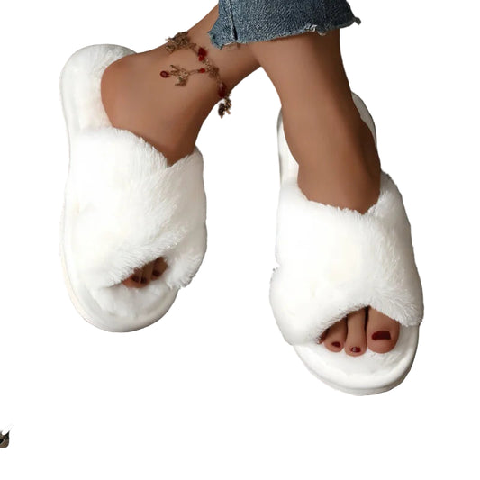 Pantuflas de Pelaje Sintético con Correas Cruzadas - Sandalias de Felpa Cálidas para Casa