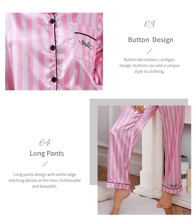 Conjunto de Pijama de Satén a Rayas - Set con Botones, Cuello Solapa y Pantalón Largo