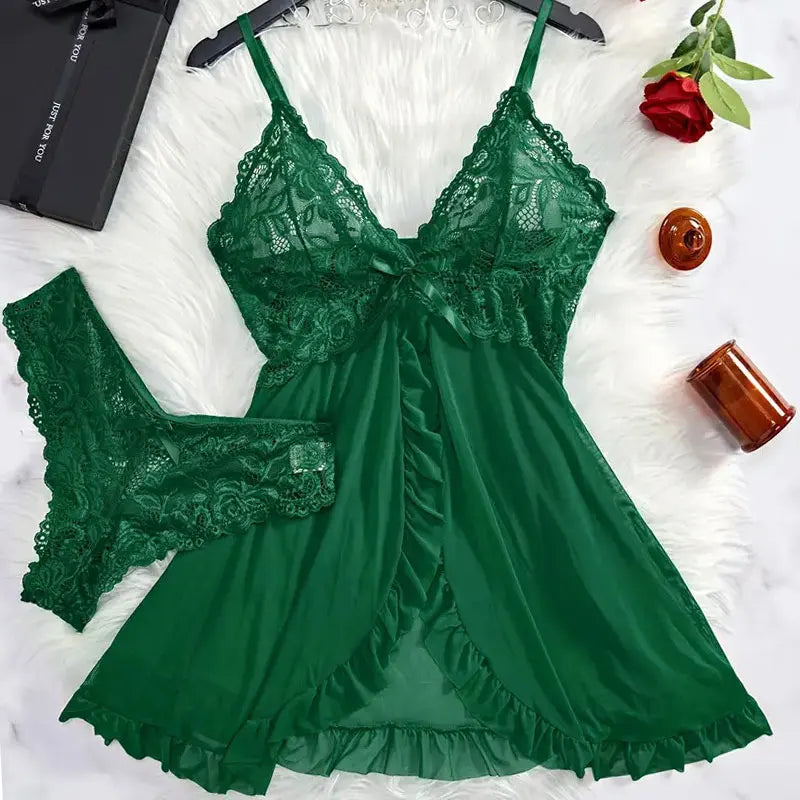 Conjunto de Lencería con Encaje Floral - Camisola Cuello V Sin Mangas y Shorts de 2 Piezas