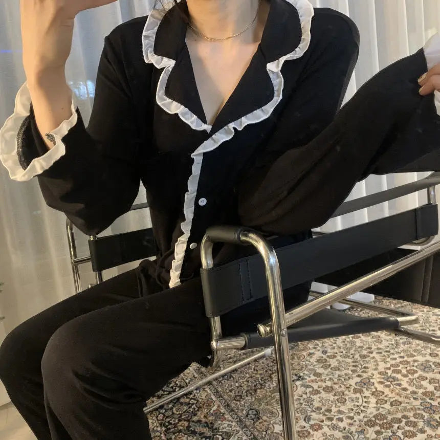 Conjunto de Pijama de 2 Piezas con Cuello Vuelto - Set de Manga Larga y Pantalón Largo Clásico