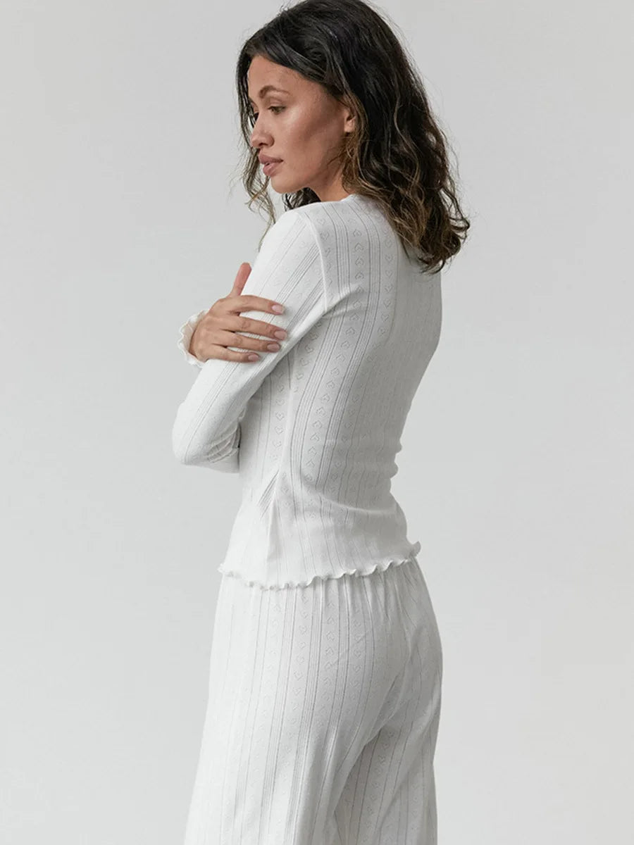 Conjunto de Pijama de Algodón con Diseño Jacquard - Set de Manga Larga y Pantalón Largo