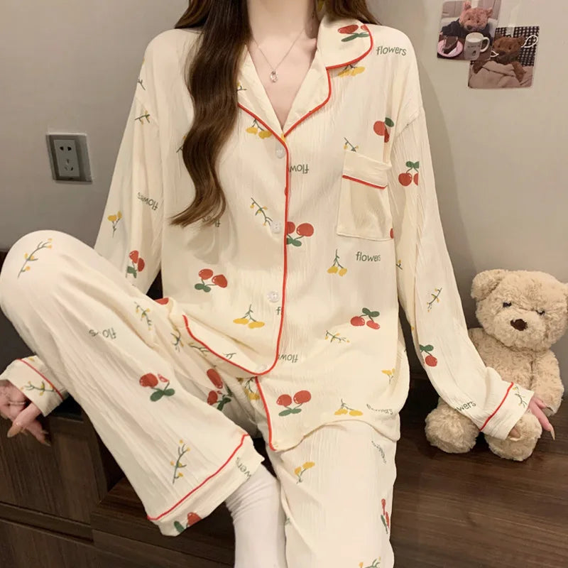 Conjunto de Pijama Estilo Cárdigan - Set de 2 Piezas con Cuello Solapa y Pantalón Largo