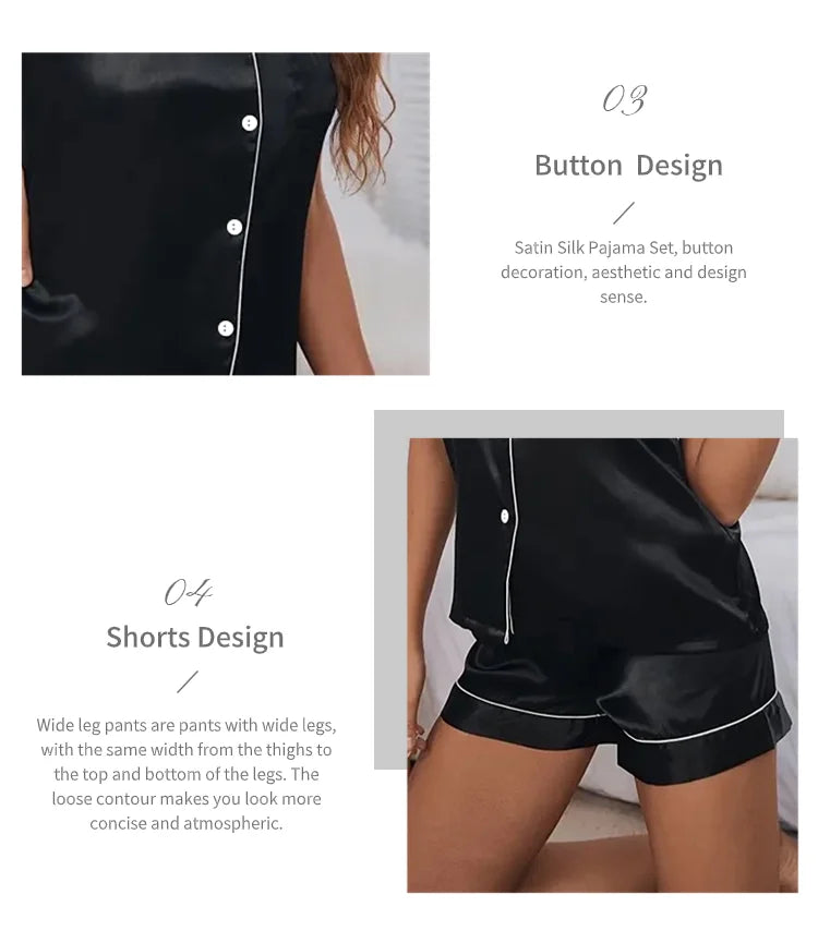 Conjunto de Pijama de Satén - Set de 2 Piezas con Botones, Top Manga Corta y Shorts
