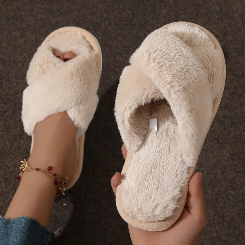 Pantuflas de Pelaje Sintético con Correas Cruzadas - Sandalias de Felpa Cálidas para Casa