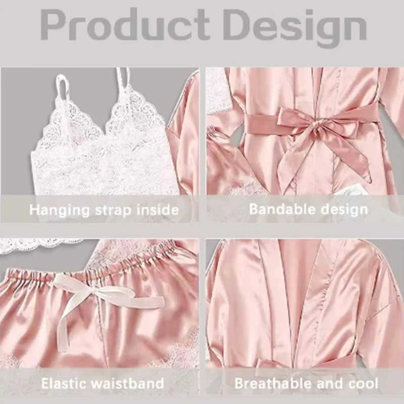 Conjunto de Pijama de 4 Piezas con Encaje - Set de Satén con Bata, Top Cuello V y Shorts
