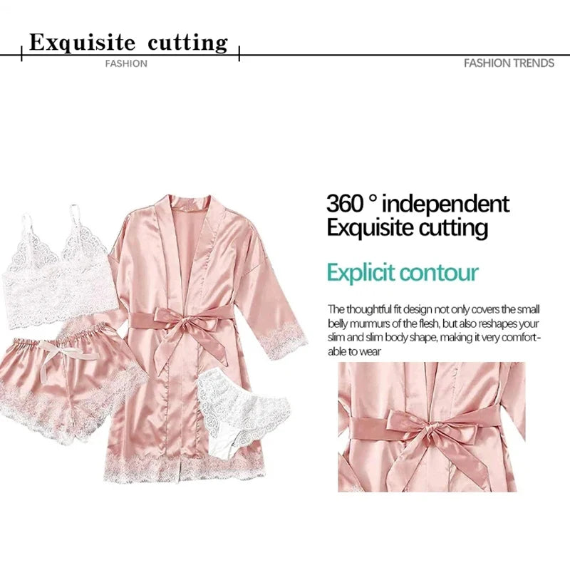 Conjunto de Pijama de 4 Piezas con Encaje - Set de Satén con Bata, Top Cuello V y Shorts