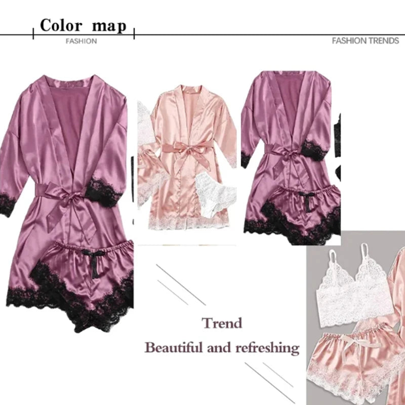 Conjunto de Pijama de 4 Piezas con Encaje - Set de Satén con Bata, Top Cuello V y Shorts