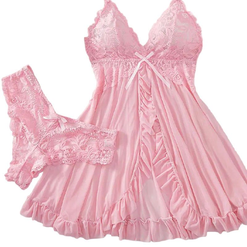 Conjunto de Lencería con Encaje Floral - Camisola Cuello V Sin Mangas y Shorts de 2 Piezas