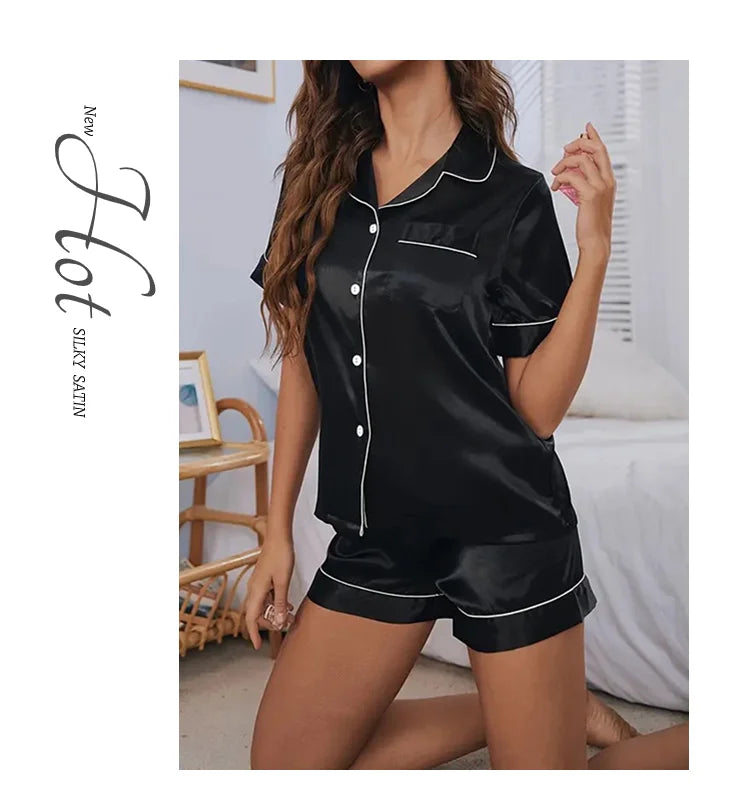 Conjunto de Pijama de Satén - Set de 2 Piezas con Botones, Top Manga Corta y Shorts