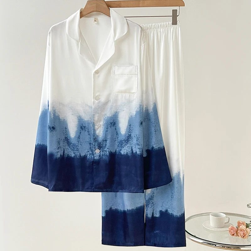 Conjunto de Pijama Floral - Set de 2 Piezas con Cuello Solapa y Pantalón Largo de Satén