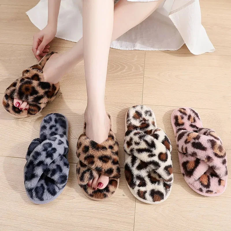 Pantuflas Fuzzy con Estampado Leopardo - Zapatillas Peludas Cálidas Antideslizantes para Casa