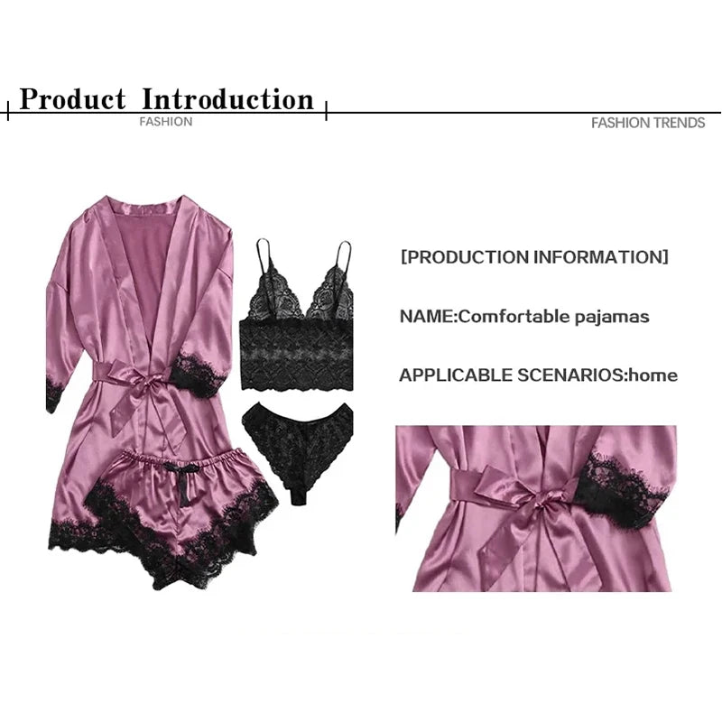 Conjunto de Pijama de 4 Piezas con Encaje - Set de Satén con Bata, Top Cuello V y Shorts