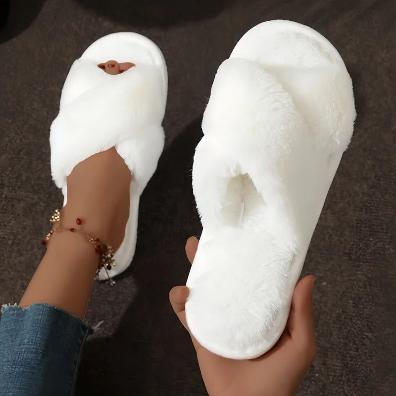 Pantuflas de Pelaje Sintético con Correas Cruzadas - Sandalias de Felpa Cálidas para Casa