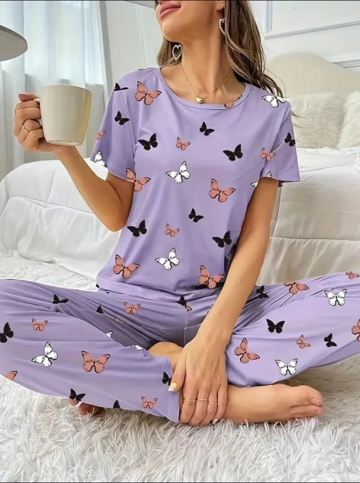 Conjunto de Pijama a Rayas con Cuello Solapa - Set de Camisa Manga Corta y Pantalón Largo Elegante
