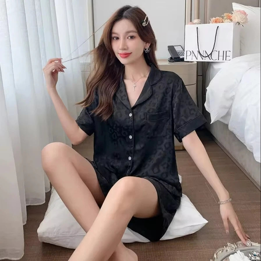 Conjunto de Pijama a Rayas con Cuello Solapa - Set de Camisa Manga Corta y Pantalón Largo Elegante