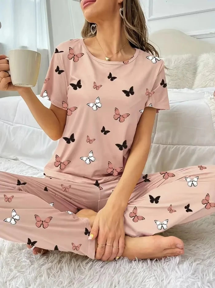 Conjunto de Pijama a Rayas con Cuello Solapa - Set de Camisa Manga Corta y Pantalón Largo Elegante