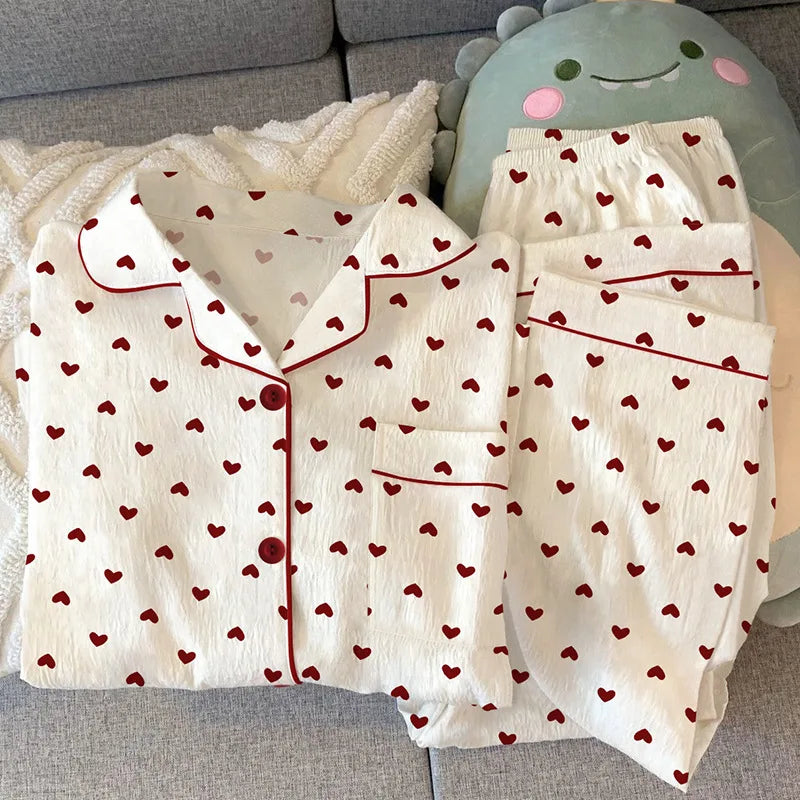 Conjunto de Pijama Estilo Cárdigan - Set de 2 Piezas con Cuello Solapa y Pantalón Largo