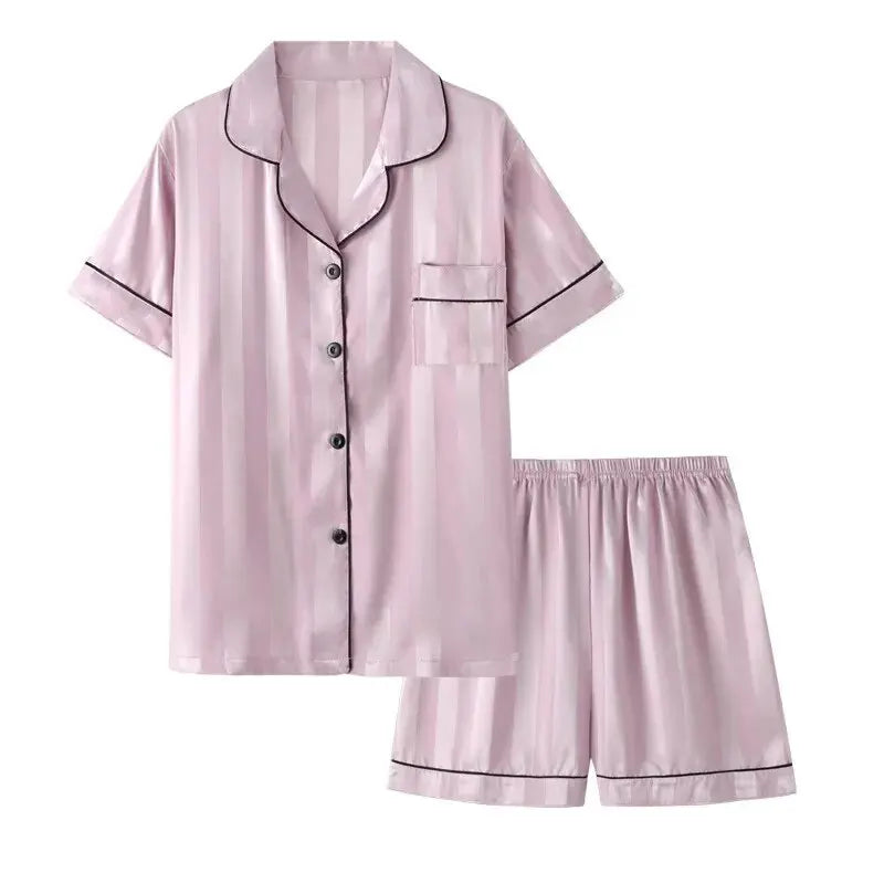 Conjunto de Pijama a Rayas con Cuello Solapa - Set de Camisa Manga Corta y Pantalón Largo Elegante