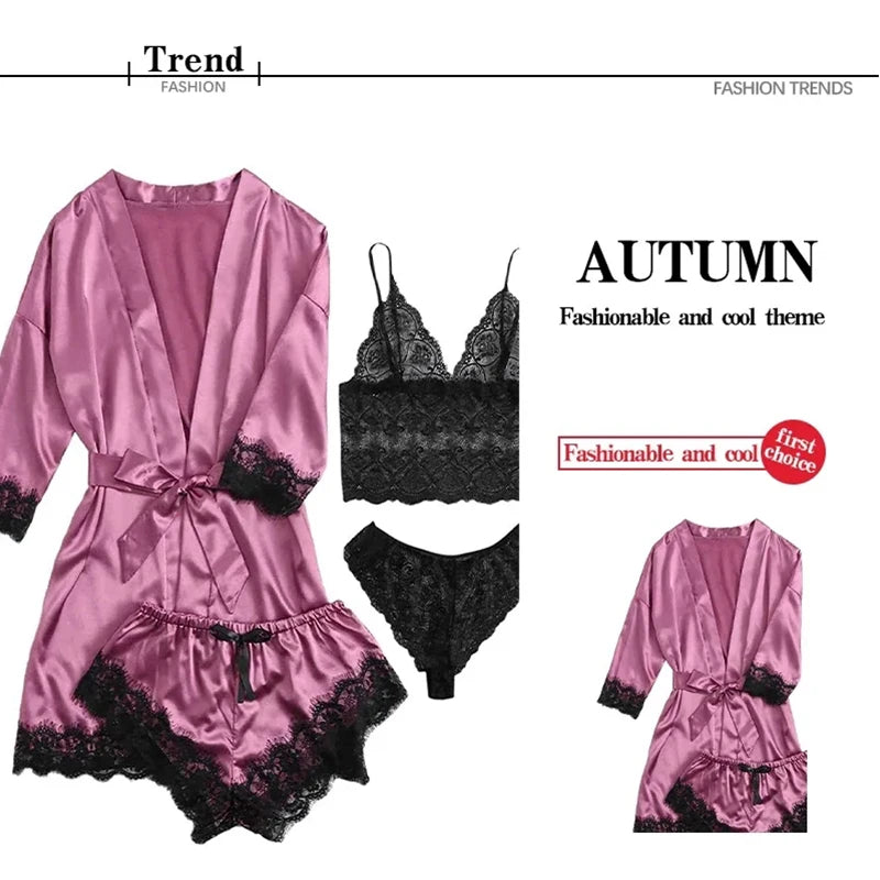 Conjunto de Pijama de 4 Piezas con Encaje - Set de Satén con Bata, Top Cuello V y Shorts