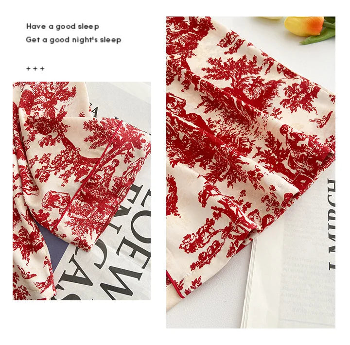 Conjunto de Pijama Floral - Set de 2 Piezas con Cuello Solapa y Pantalón Largo de Satén