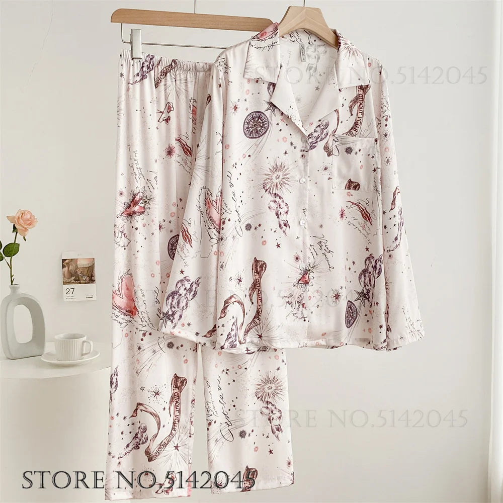 Conjunto de Pijama Floral - Set de 2 Piezas con Cuello Solapa y Pantalón Largo de Satén