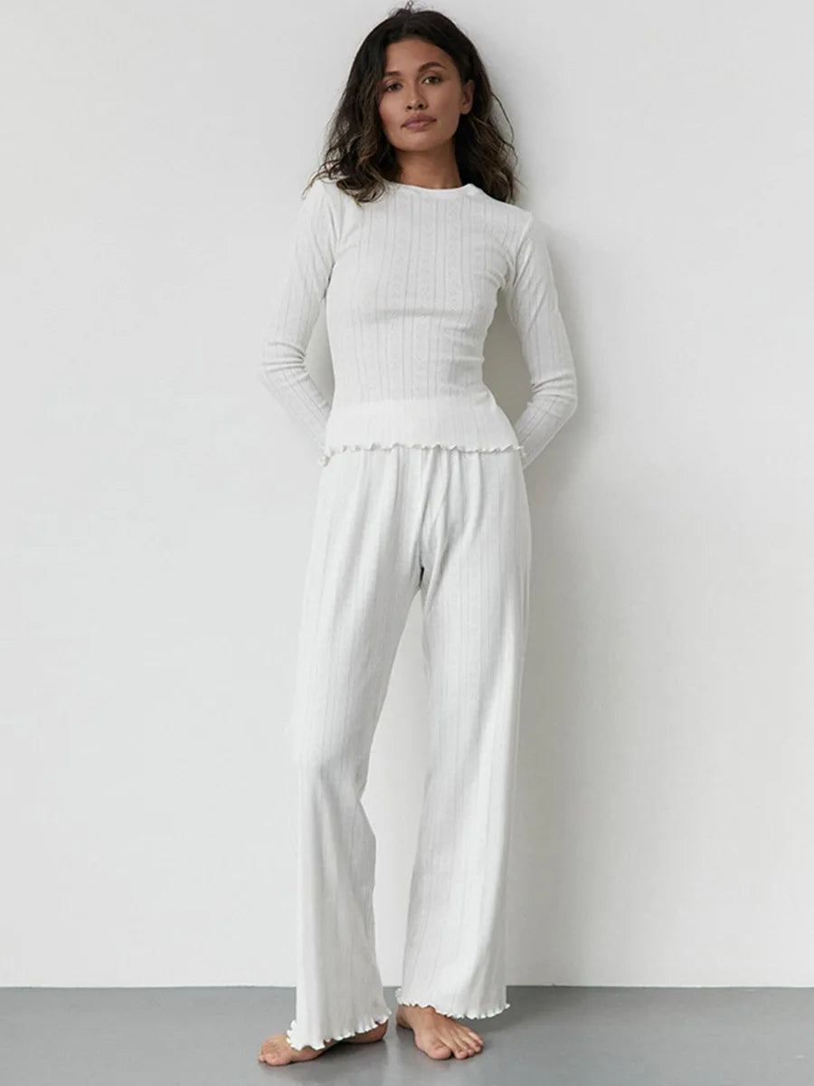 Conjunto de Pijama de Algodón con Diseño Jacquard - Set de Manga Larga y Pantalón Largo