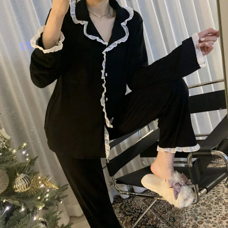 Conjunto de Pijama de 2 Piezas con Cuello Vuelto - Set de Manga Larga y Pantalón Largo Clásico